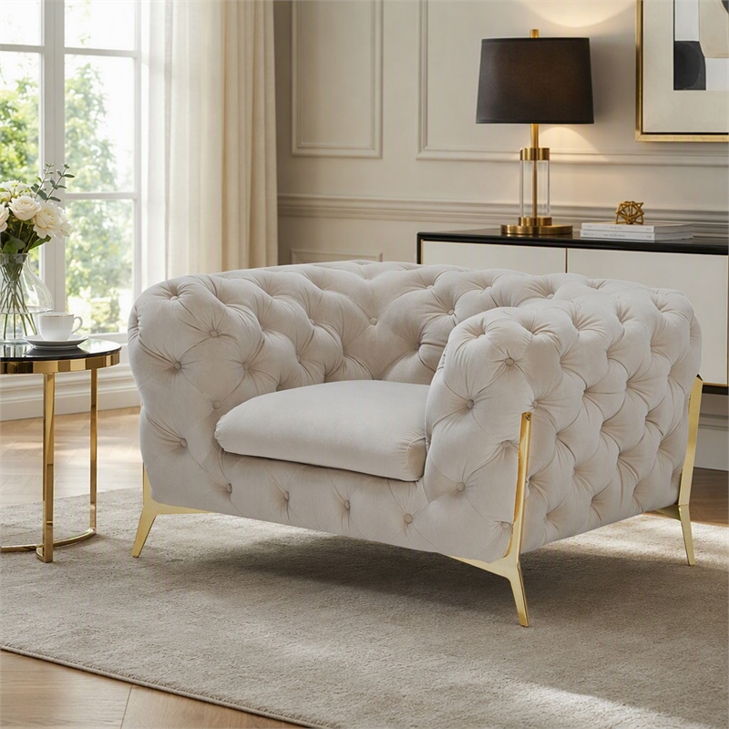 Pemberly Row Velvet Accent Chair in Beige with Tufted Design and Gold Legs
