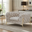 Pemberly Row Velvet Accent Chair in Beige with Tufted Design and Gold Legs