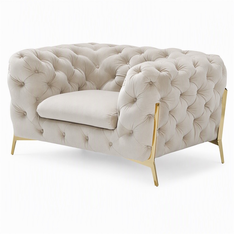 Pemberly Row Velvet Accent Chair in Beige with Tufted Design and Gold Legs