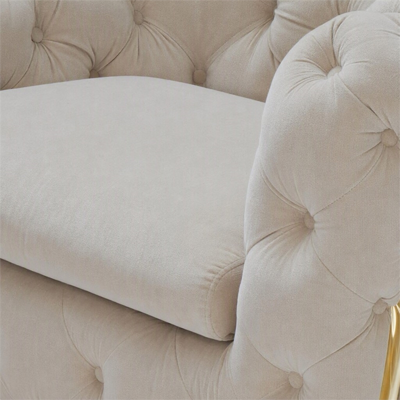 Pemberly Row Velvet Accent Chair in Beige with Tufted Design and Gold Legs