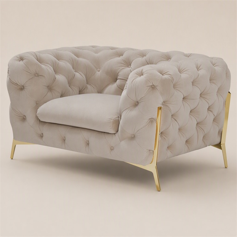 Pemberly Row Velvet Accent Chair in Beige with Tufted Design and Gold Legs