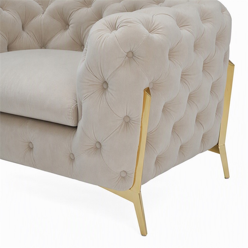 Pemberly Row Velvet Accent Chair in Beige with Tufted Design and Gold Legs
