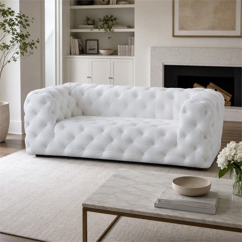 Pemberly Row Transitional Diamond Tufted Leather Sofa in White