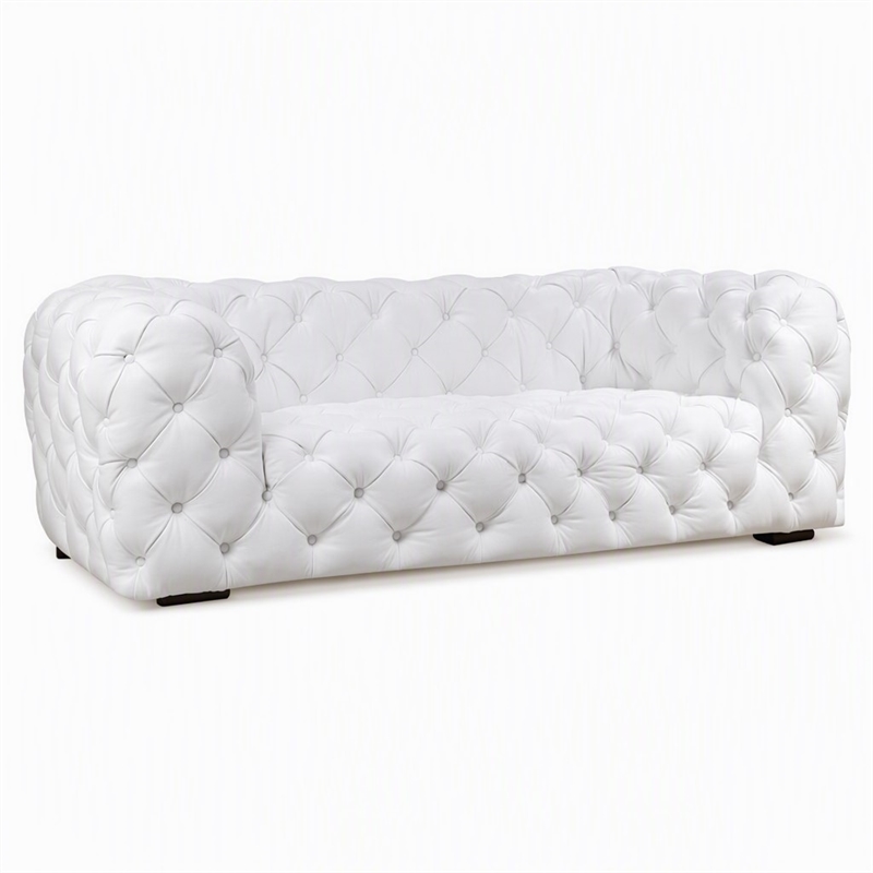Pemberly Row Transitional Diamond Tufted Leather Sofa in White