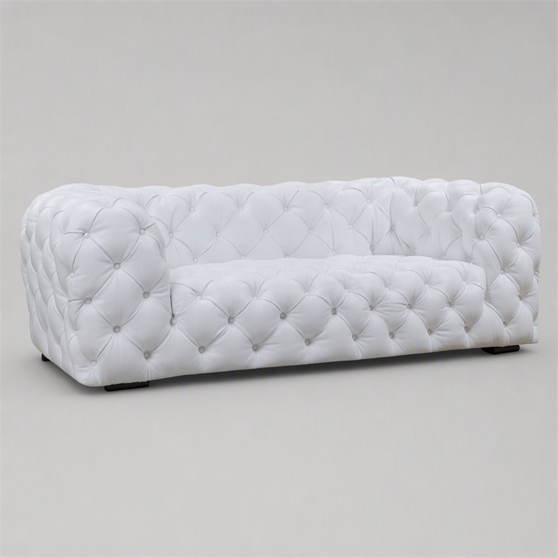 Pemberly Row Transitional Diamond Tufted Leather Sofa in White