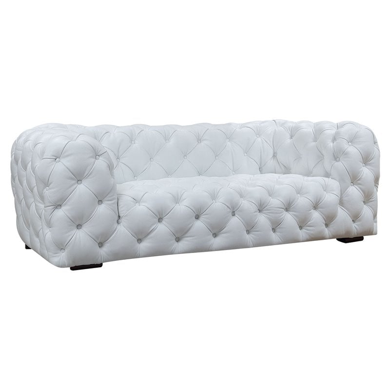 Pemberly Row Transitional Diamond Tufted Leather Sofa in White