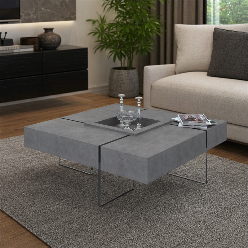 Pemberly Row Shauna Faux Concrete and Glass Floating Coffee Table in Gray