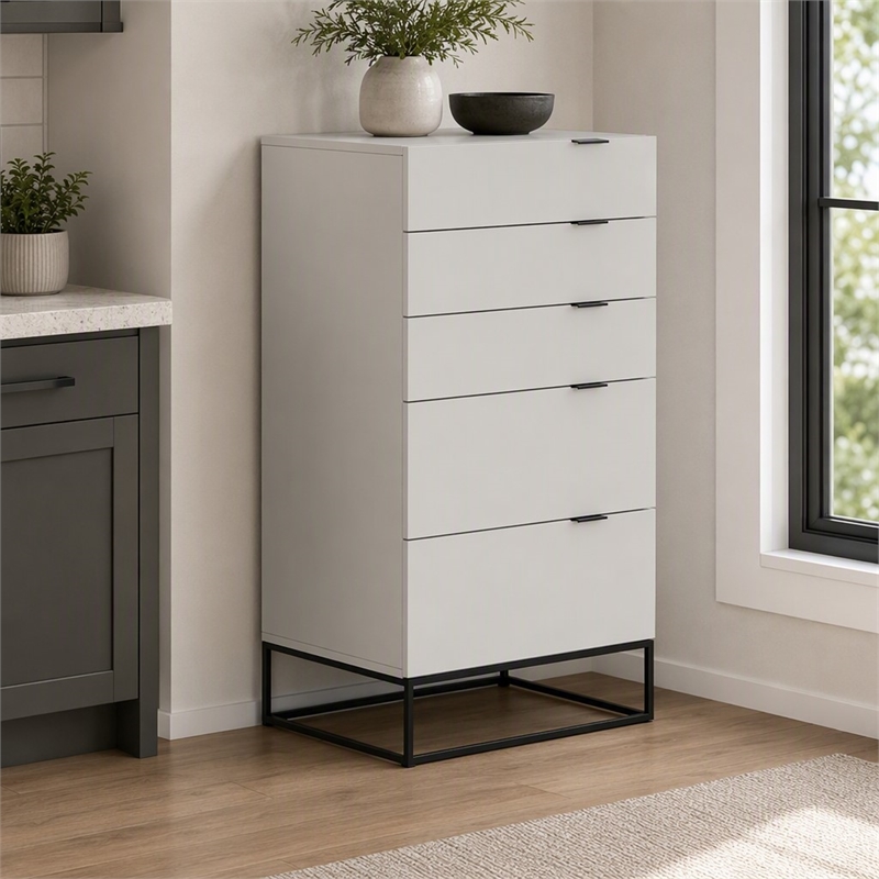 Pemberly Row Modern MDF Wood and Metal 5-Drawer Chest in Gray/Black