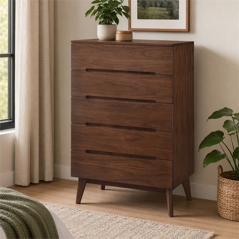Pemberly Row Mid-Century Veneer and Rubberwood 5-Drawer Chest in Walnut
