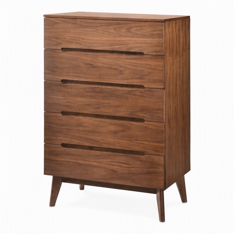 Pemberly Row Mid-Century Veneer and Rubberwood 5-Drawer Chest in Walnut