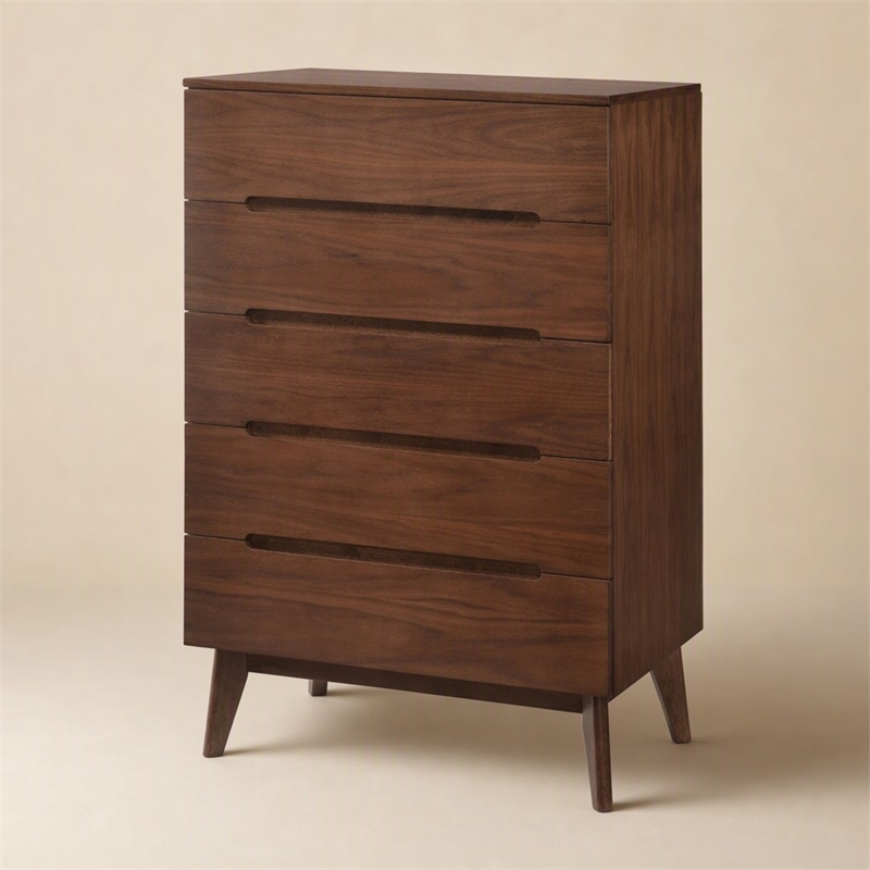 Pemberly Row Mid-Century Veneer and Rubberwood 5-Drawer Chest in Walnut