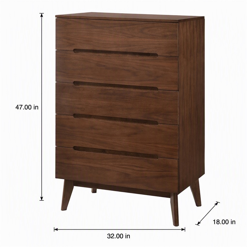 Pemberly Row Mid-Century Veneer and Rubberwood 5-Drawer Chest in Walnut