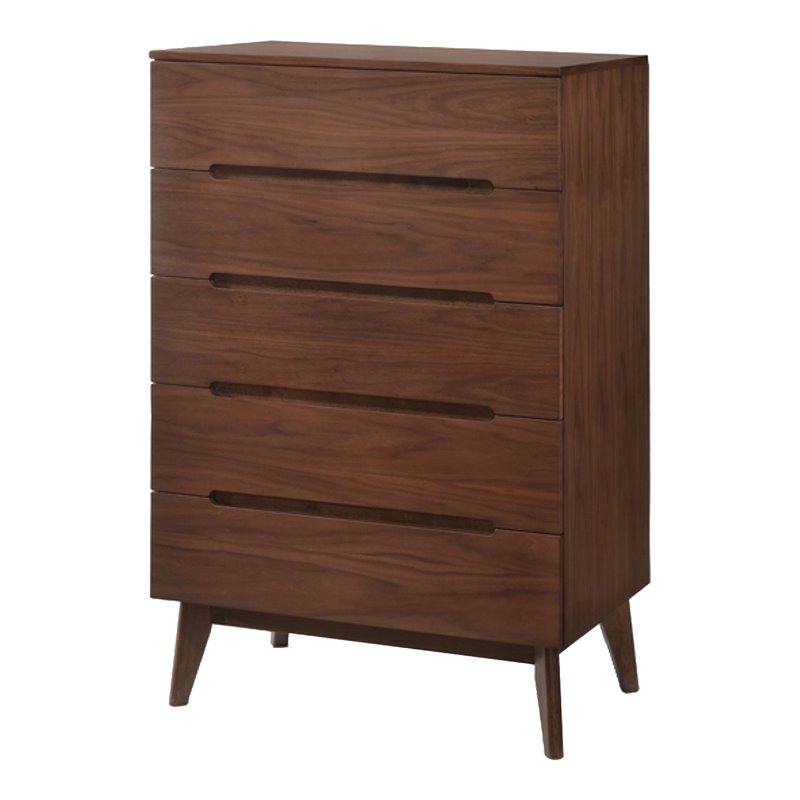 Pemberly Row Mid-Century Veneer and Rubberwood 5-Drawer Chest in Walnut