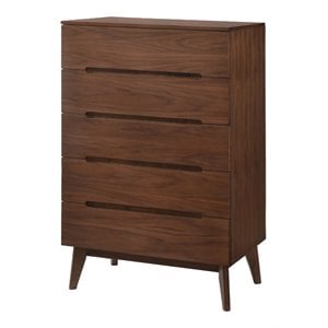 Pemberly Row Mid-Century Veneer and Rubberwood 5-Drawer Chest in Walnut