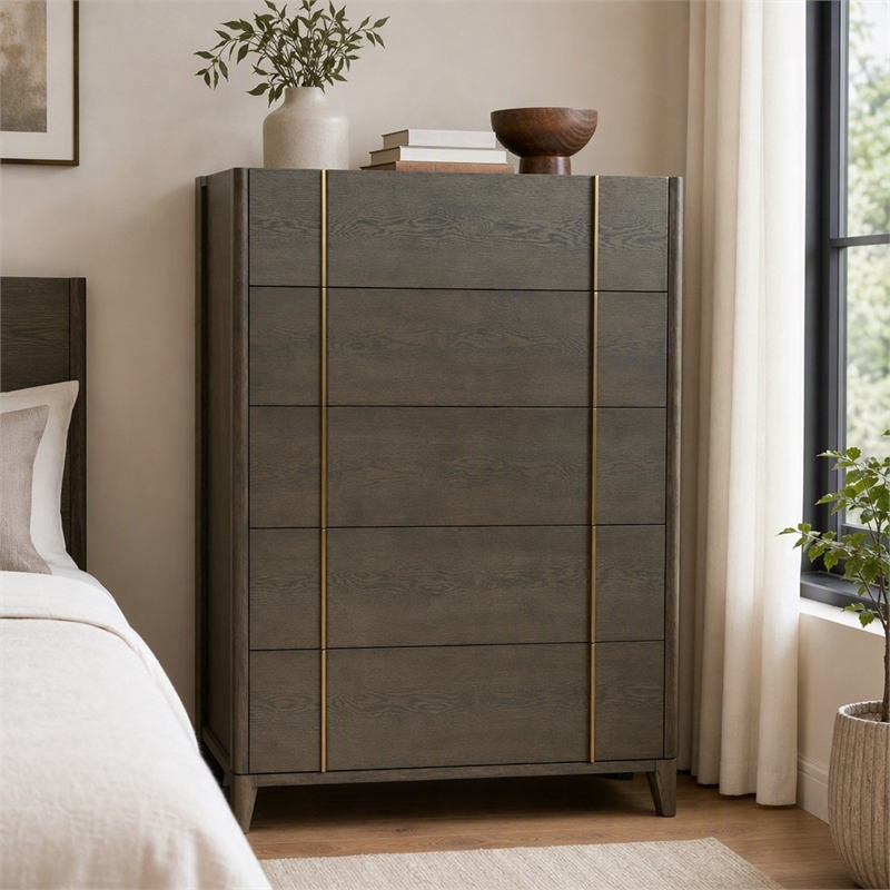 Pemberly Row Mid-Century Veneer Wood and Metal Chest in Dark Brown/White
