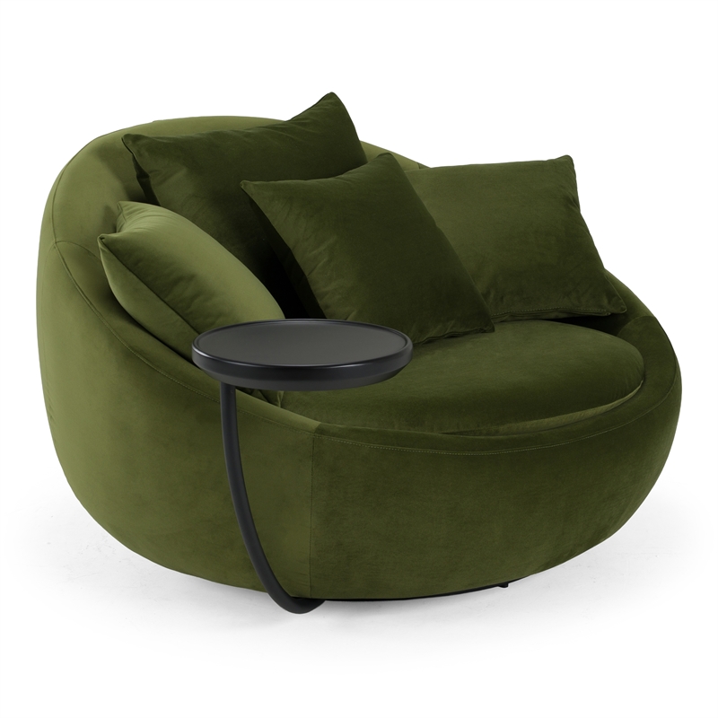 Pemberly Row Round Green Velvet Swivel Lounge Chair with Throw Pillows
