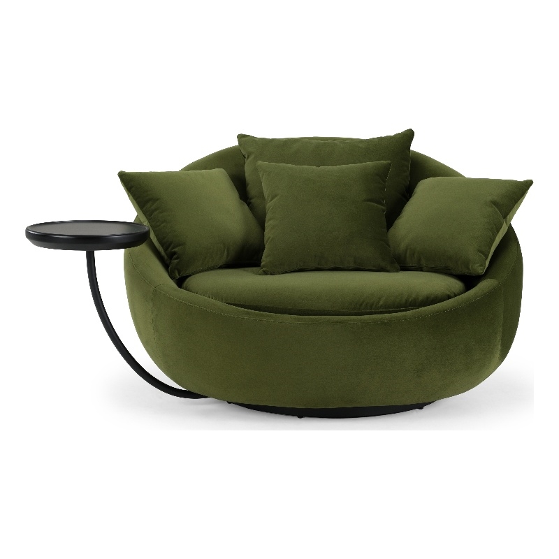 Pemberly Row Round Green Velvet Swivel Lounge Chair with Throw Pillows