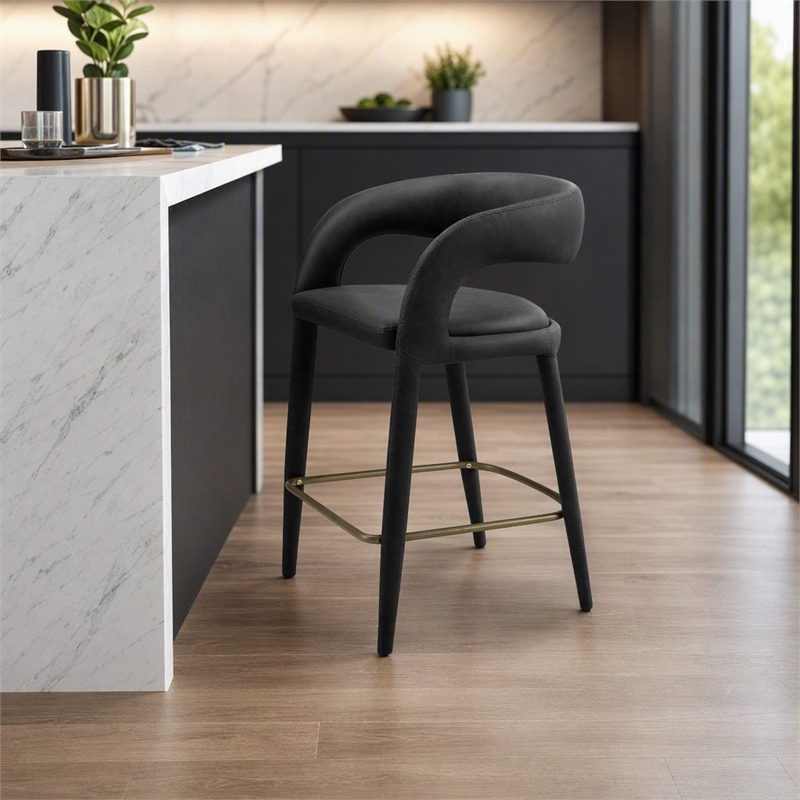 Pemberly Row Modern Black Leatherette Counter Chair with Cast Iron Legs