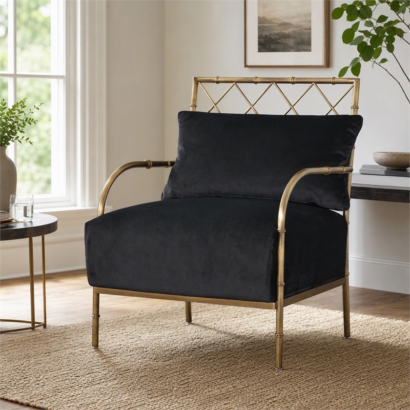 Pemberly Row Modern Glam Black Velvet Accent Chair with Gold Frame