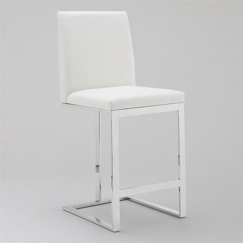 Pemberly Row Vegan Leather Counter Chair in White Stainless Steel Frame