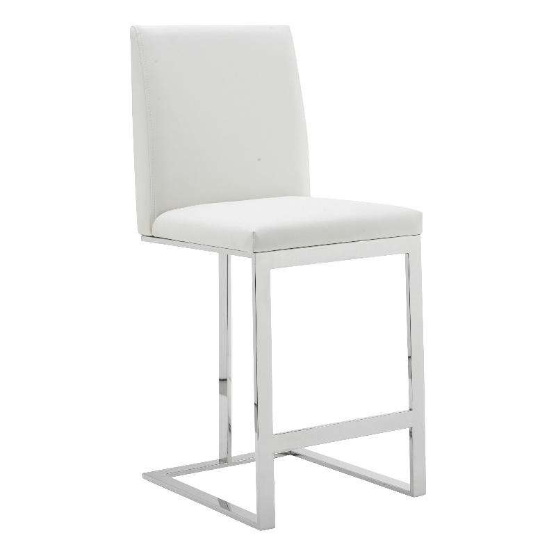 Pemberly Row Vegan Leather Counter Chair in White Stainless Steel Frame
