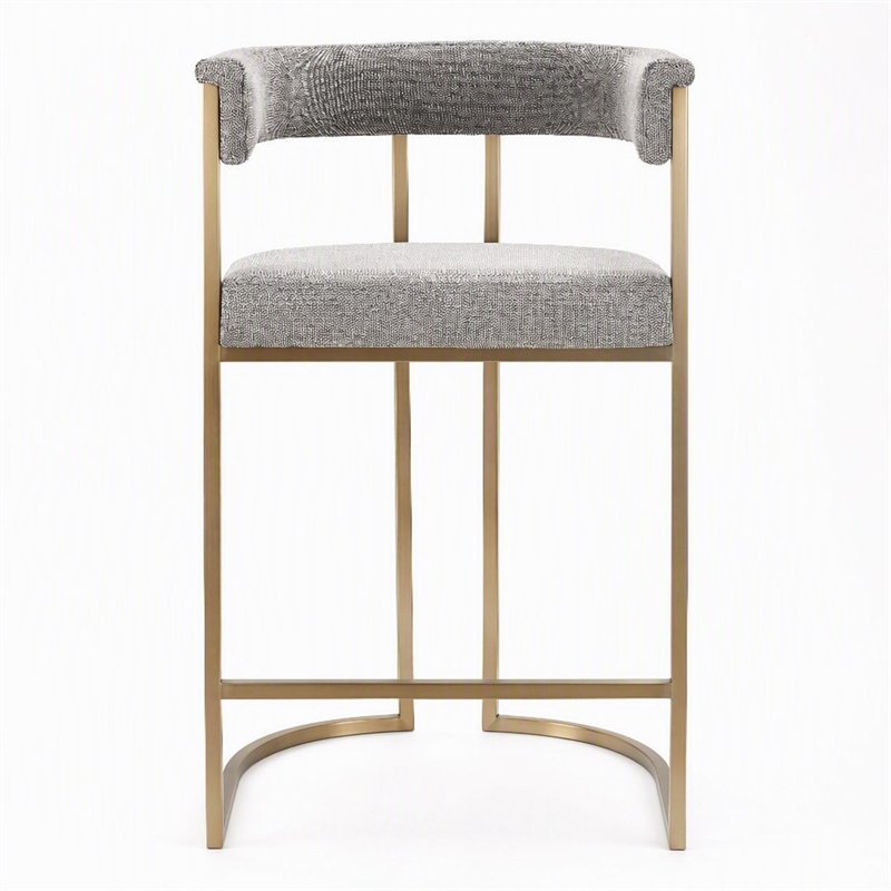 Pemberly Row Grey Fabric Counter Chair with Antique Brass Frame