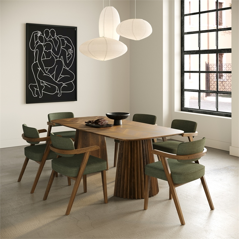 Pemberly Row Mid-Century Modern Green Fabric Dining Chair with Walnut Frame