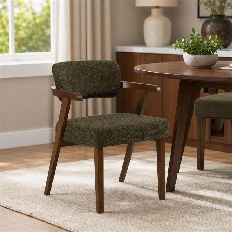 Pemberly Row Mid-Century Modern Green Fabric Dining Chair with Walnut Frame
