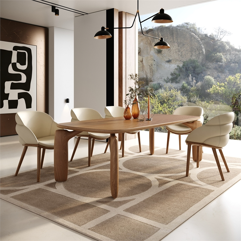Pemberly Row Mid-Century Modern Beige Vegan Leather Dining Chair in Walnut