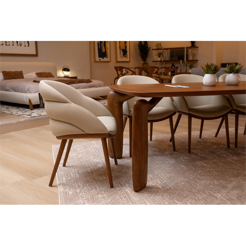 Pemberly Row Mid-Century Modern Beige Vegan Leather Dining Chair in Walnut