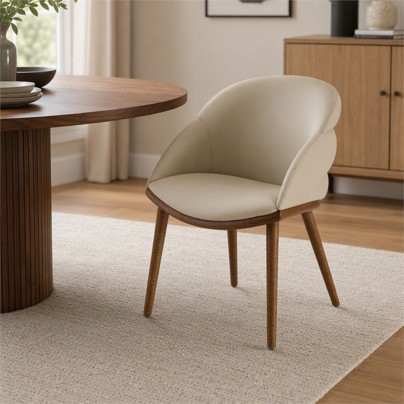 Pemberly Row Mid-Century Modern Beige Vegan Leather Dining Chair in Walnut