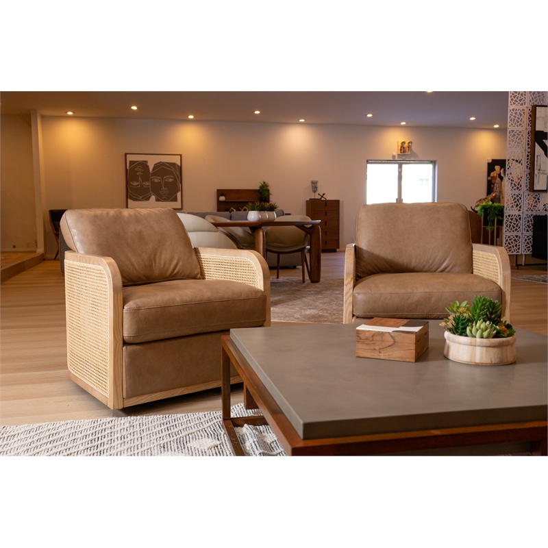 Pemberly Row Leather and Wicker Swivel Accent Chair in York Sand Tan