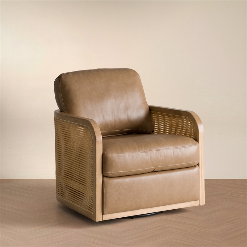 Pemberly Row Leather and Wicker Swivel Accent Chair in York Sand Tan