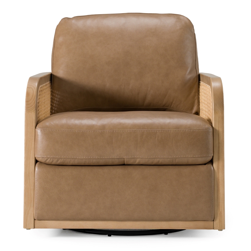 Pemberly Row Leather and Wicker Swivel Accent Chair in York Sand Tan