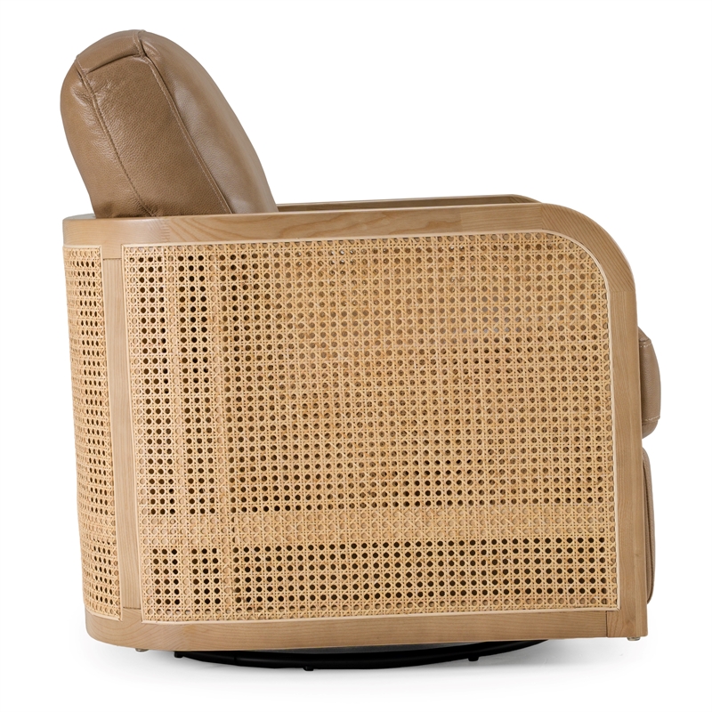 Pemberly Row Leather and Wicker Swivel Accent Chair in York Sand Tan