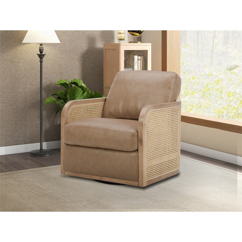 Pemberly Row Leather and Wicker Swivel Accent Chair in York Sand Tan