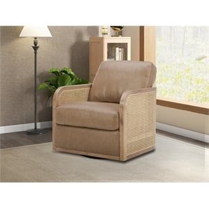 Pemberly Row Leather and Wicker Swivel Accent Chair in York Sand Tan