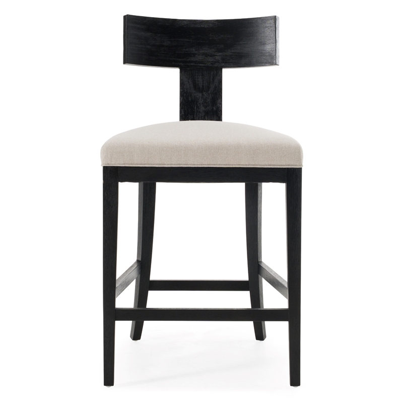 Pemberly Row Beige Linen Counter Chair with Black Walnut Frame