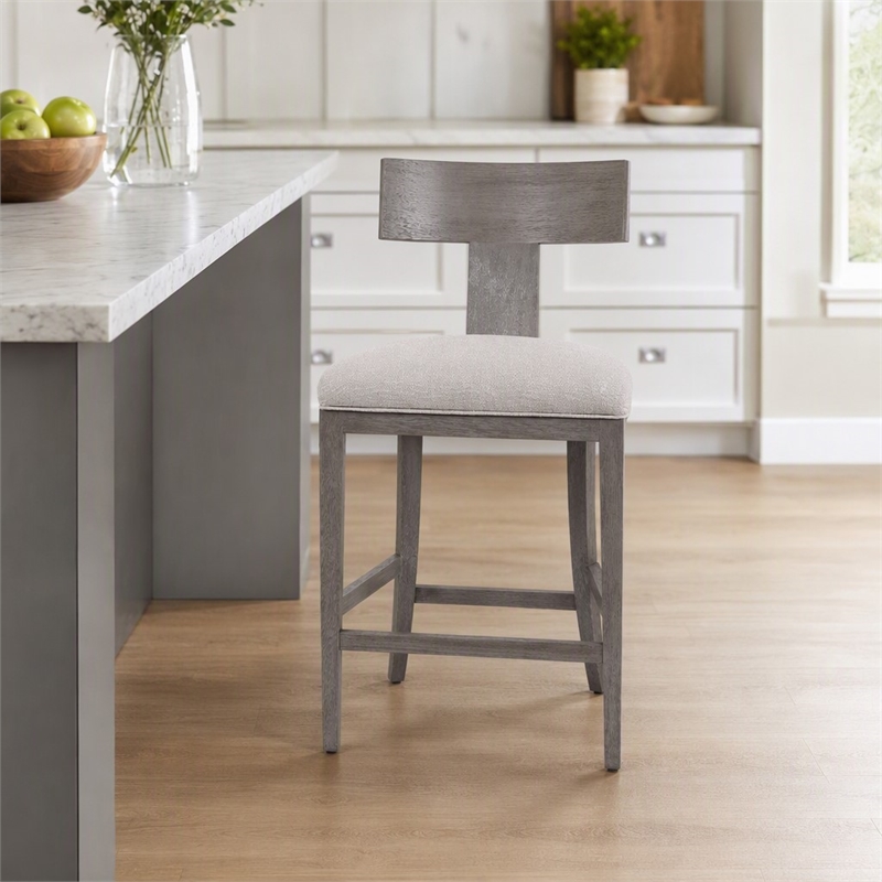 Pemberly Row Beige Linen Counter Chair with Grey Wash Wood Frame