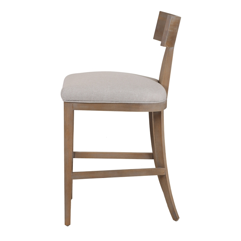 Pemberly Row Beige Linen Counter Chair with Distressed Wood Finish