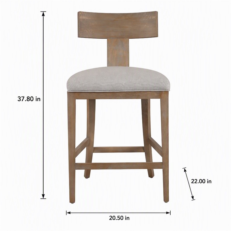 Pemberly Row Beige Linen Counter Chair with Distressed Wood Finish