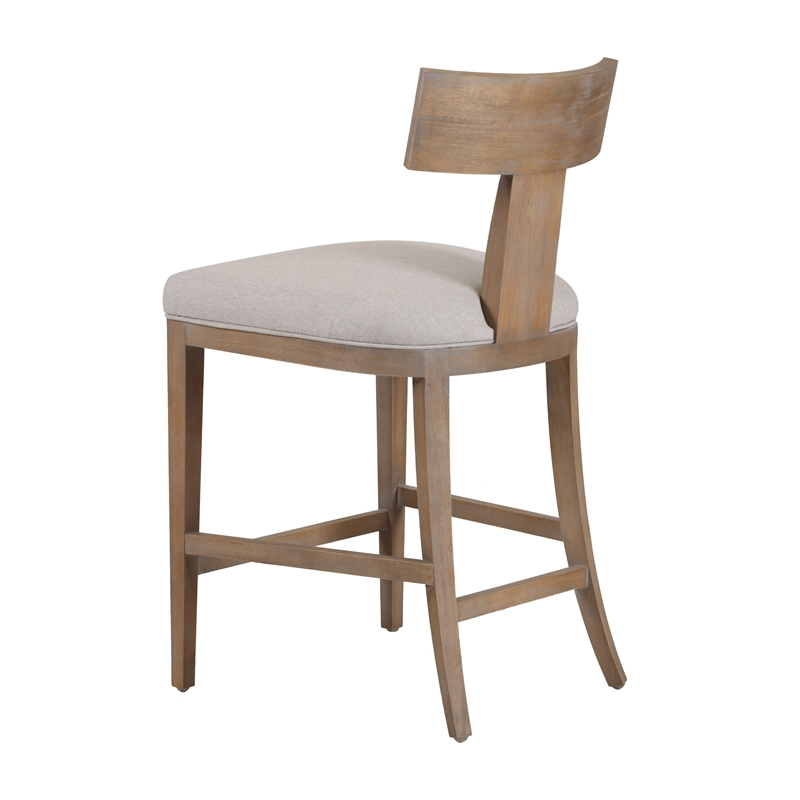 Pemberly Row Beige Linen Counter Chair with Distressed Wood Finish