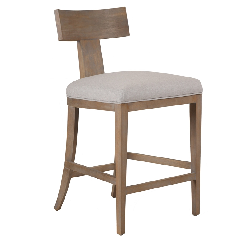 Pemberly Row Beige Linen Counter Chair with Distressed Wood Finish