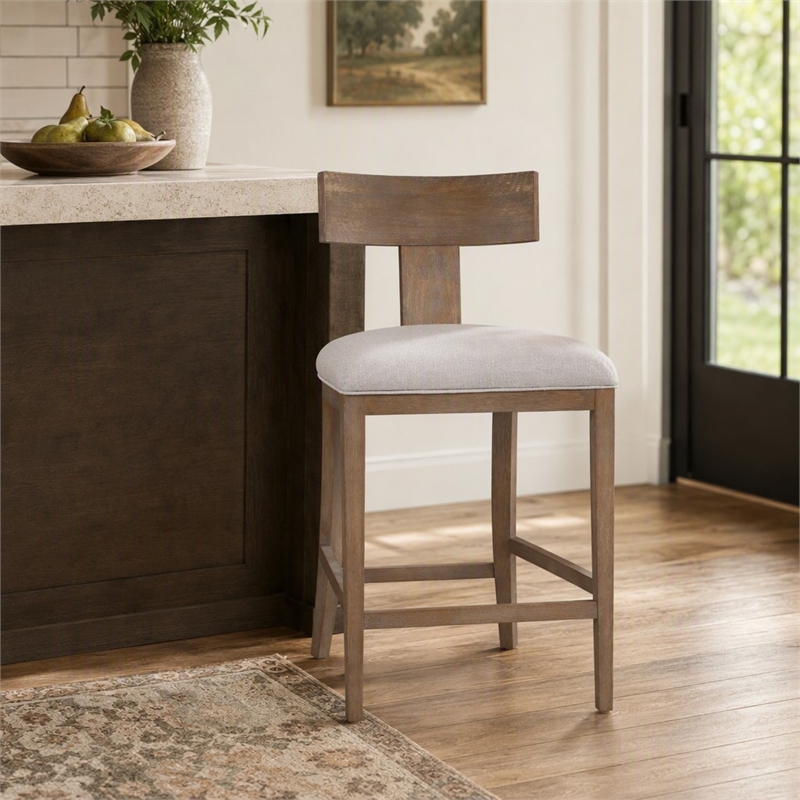 Pemberly Row Beige Linen Counter Chair with Distressed Wood Finish
