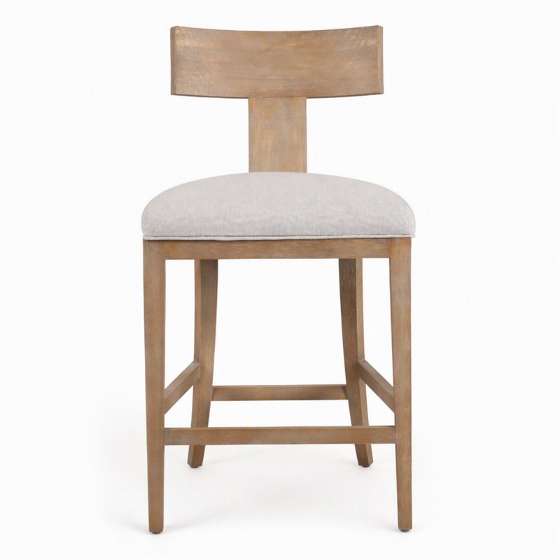 Pemberly Row Beige Linen Counter Chair with Distressed Wood Finish