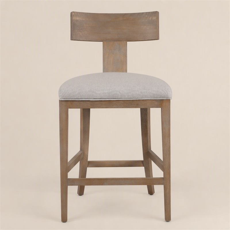 Pemberly Row Beige Linen Counter Chair with Distressed Wood Finish