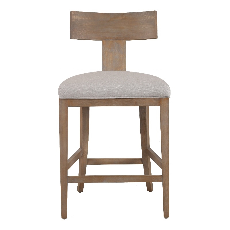 Pemberly Row Beige Linen Counter Chair with Distressed Wood Finish