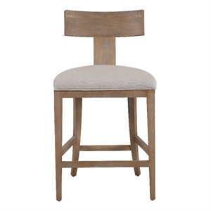 Pemberly Row Beige Linen Counter Chair with Distressed Wood Finish