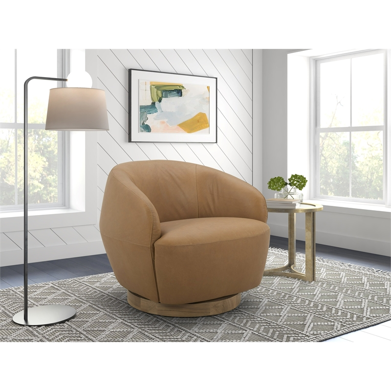 Pemberly Row Modern Tan Leather Swivel Accent Chair with Poplar Base