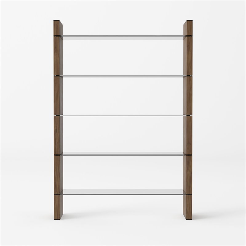 Pemberly Row Open Back Modern Glass and Veneer Bookshelf in Walnut Finish